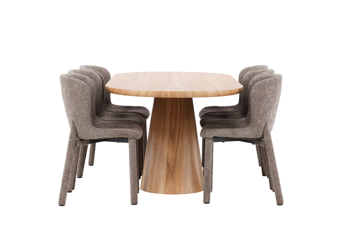 Ovaler Esstisch 200x90 cm aus MDF in Naturfarbe mit zwei gepolsterten Esszimmerstühlen in Braun, Bouclé-Bezug, Esszimmerset von Venture Home