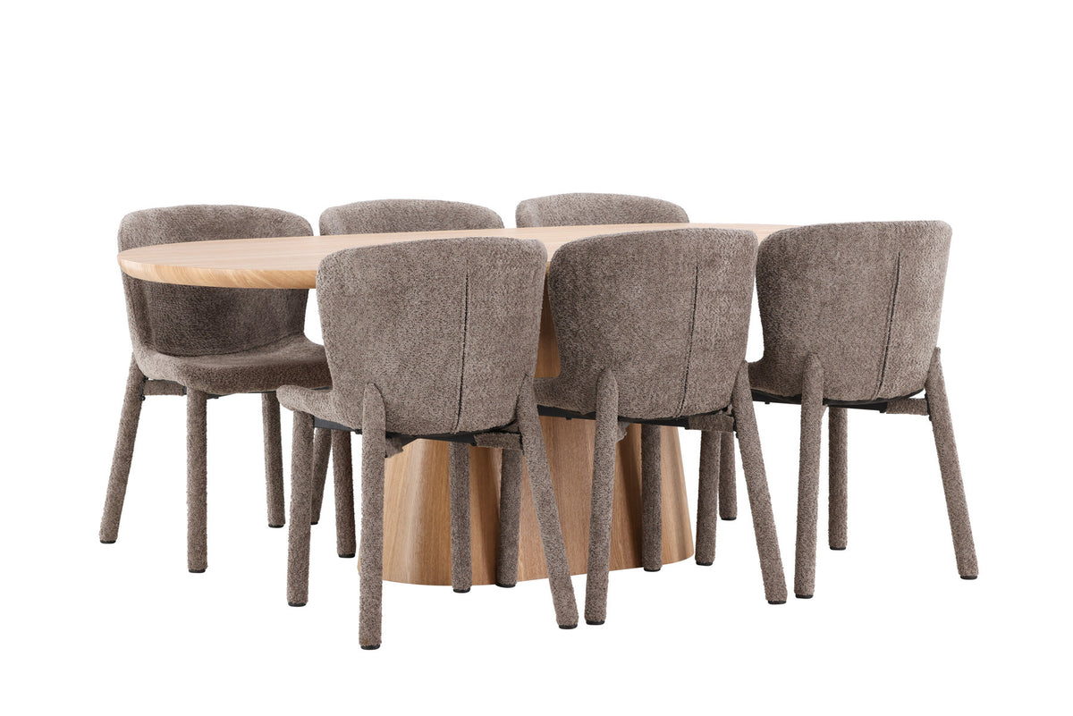 Ovaler Esstisch 200x90 cm aus MDF in Naturfarbe mit zwei gepolsterten Esszimmerstühlen in Braun, Bouclé-Bezug, Esszimmerset von Venture Home