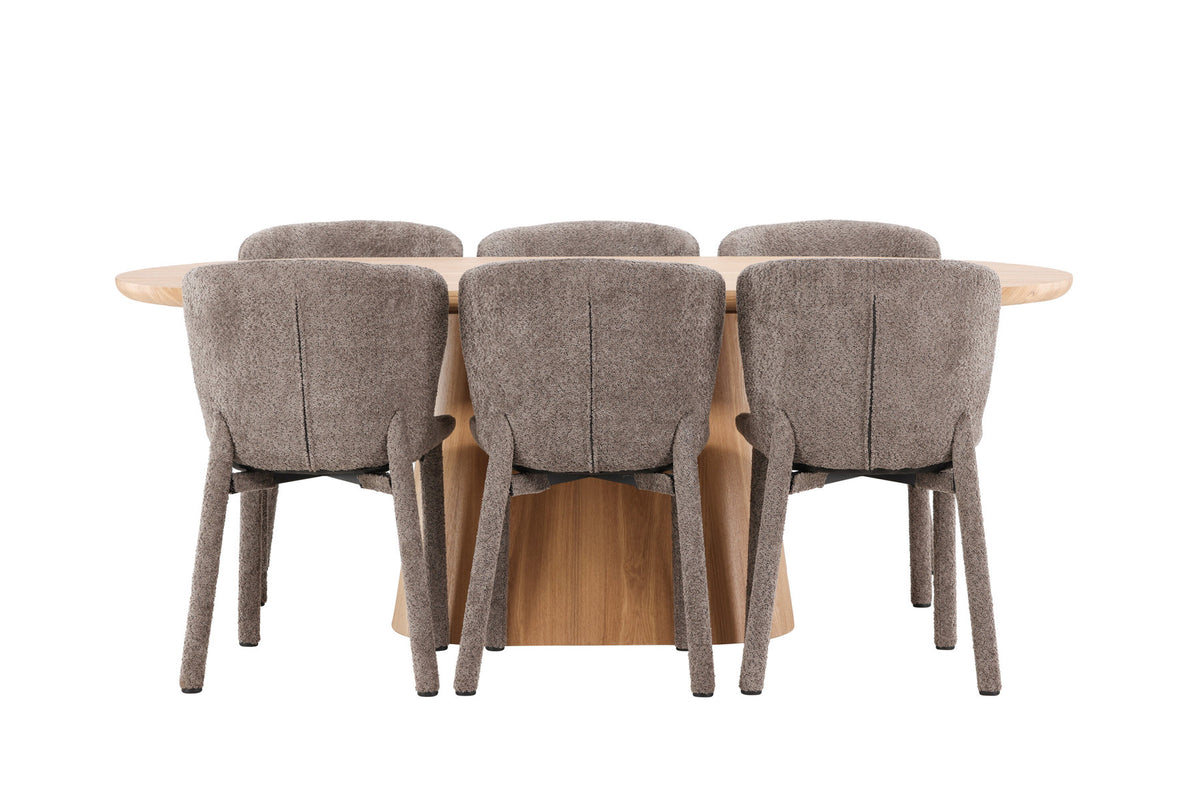 Ovaler Esstisch 200x90 cm aus MDF in Naturfarbe mit zwei gepolsterten Esszimmerstühlen in Braun, Bouclé-Bezug, Esszimmerset von Venture Home
