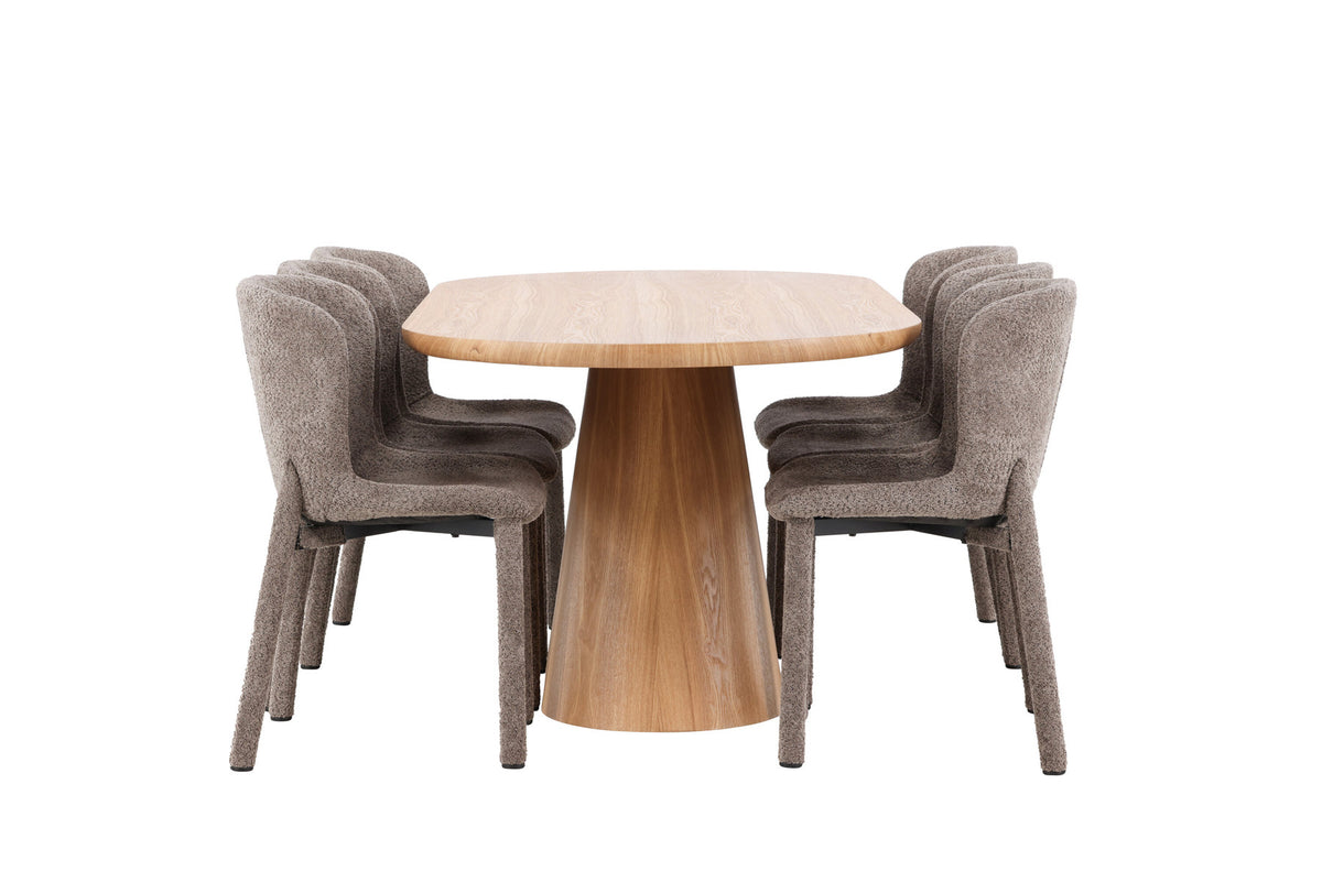Ovaler Esstisch 200x90 cm aus MDF in Naturfarbe mit zwei gepolsterten Esszimmerstühlen in Braun, Bouclé-Bezug, Esszimmerset von Venture Home