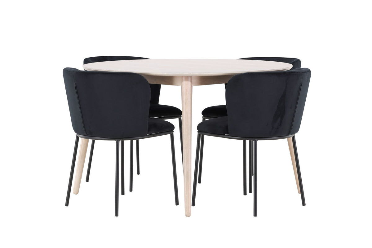 Rundes Esszimmerset Flora mit Edina Stuhl, Tisch aus MDF in White Wash, vier Stühle aus Gummiholz mit braunem Leinenstoffbezug