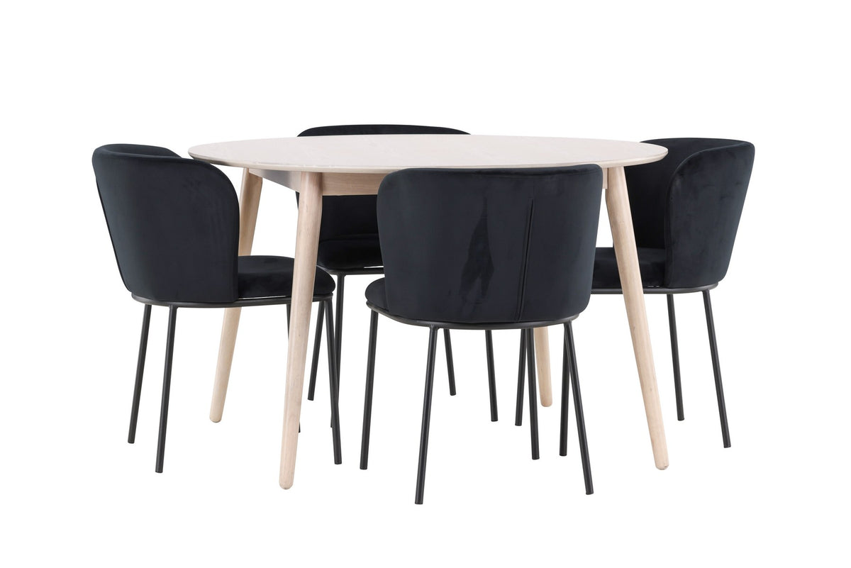 Rundes Esszimmerset Flora mit Edina Stuhl, Tisch aus MDF in White Wash, vier Stühle aus Gummiholz mit braunem Leinenstoffbezug