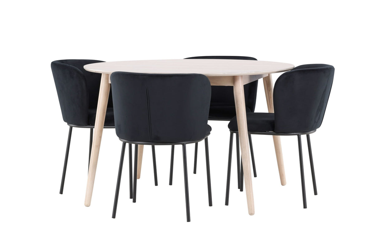 Rundes Esszimmerset Flora mit Edina Stuhl, Tisch aus MDF in White Wash, vier Stühle aus Gummiholz mit braunem Leinenstoffbezug
