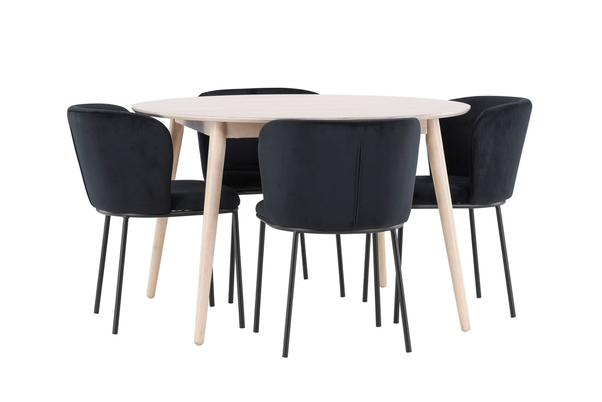 Rundes Esszimmerset Flora mit Edina Stuhl, Tisch aus MDF in White Wash, vier Stühle aus Gummiholz mit braunem Leinenstoffbezug