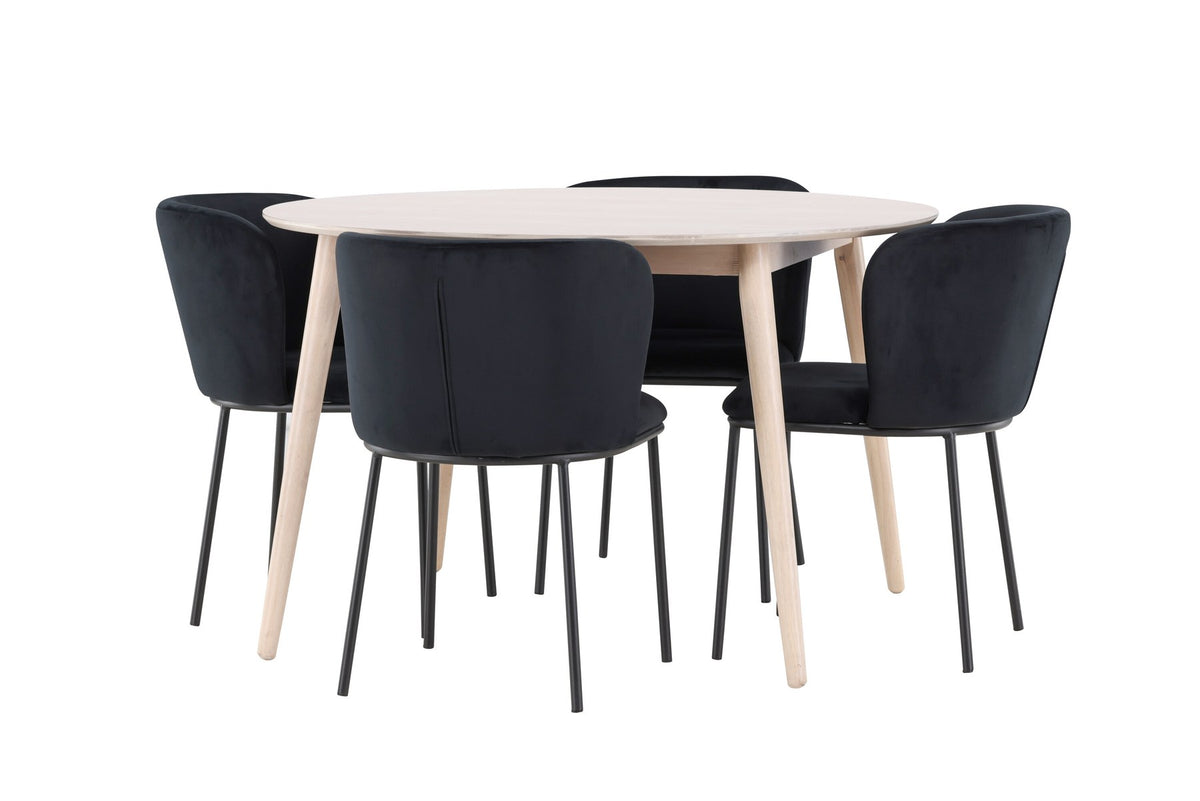 Rundes Esszimmerset Flora mit Edina Stuhl, Tisch aus MDF in White Wash, vier Stühle aus Gummiholz mit braunem Leinenstoffbezug