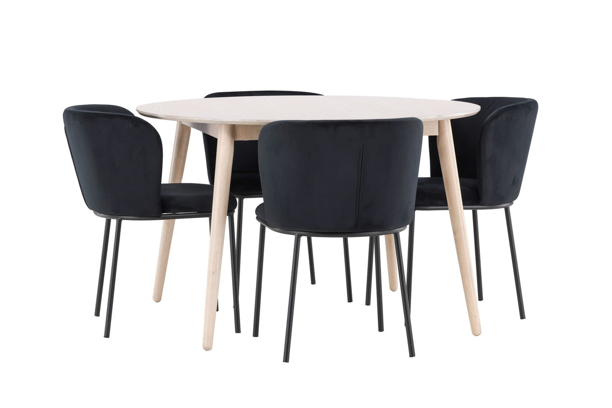 Rundes Esszimmerset Flora mit Edina Stuhl, Tisch aus MDF in White Wash, vier Stühle aus Gummiholz mit braunem Leinenstoffbezug