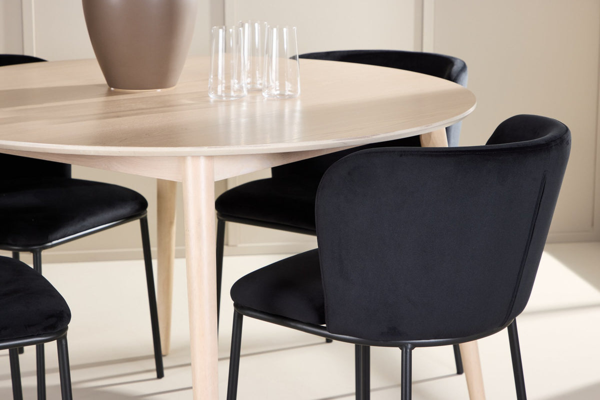 Rundes Esszimmerset Flora mit Edina Stuhl, Tisch aus MDF in White Wash, vier Stühle aus Gummiholz mit braunem Leinenstoffbezug