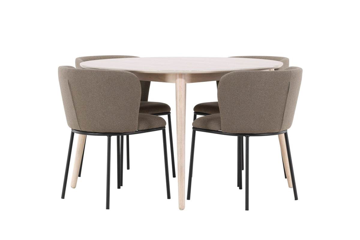 Rundes Esszimmerset Flora mit Edina Stuhl, Tisch aus MDF in White Wash, vier Stühle aus Gummiholz mit braunem Leinenstoffbezug
