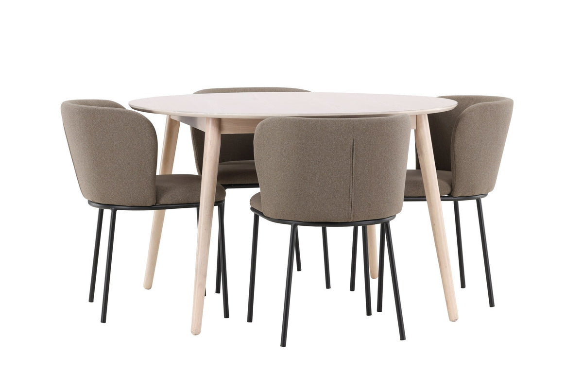 Rundes Esszimmerset Flora mit Edina Stuhl, Tisch aus MDF in White Wash, vier Stühle aus Gummiholz mit braunem Leinenstoffbezug