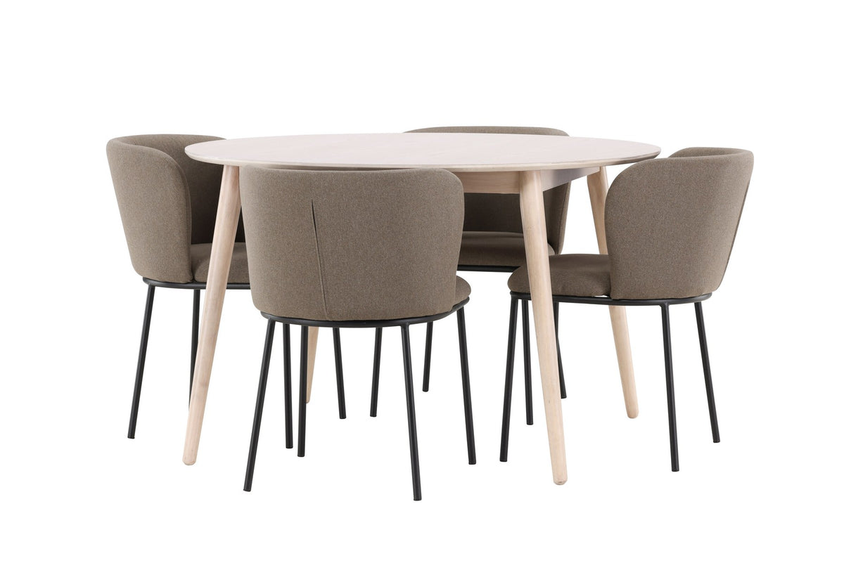 Rundes Esszimmerset Flora mit Edina Stuhl, Tisch aus MDF in White Wash, vier Stühle aus Gummiholz mit braunem Leinenstoffbezug