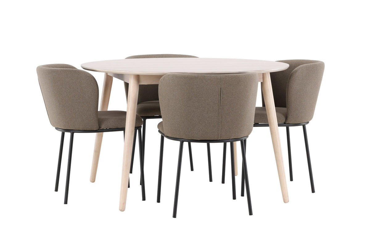 Rundes Esszimmerset Flora mit Edina Stuhl, Tisch aus MDF in White Wash, vier Stühle aus Gummiholz mit braunem Leinenstoffbezug