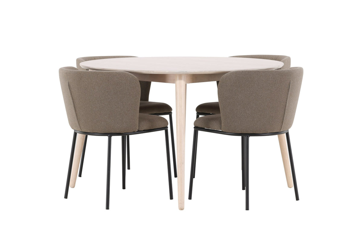 Rundes Esszimmerset Flora mit Edina Stuhl, Tisch aus MDF in White Wash, vier Stühle aus Gummiholz mit braunem Leinenstoffbezug