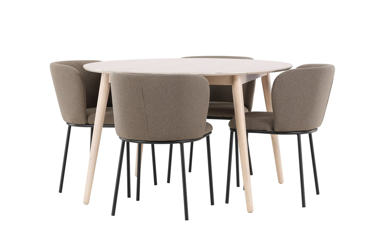 Rundes Esszimmerset Flora mit Edina Stuhl, Tisch aus MDF in White Wash, vier Stühle aus Gummiholz mit braunem Leinenstoffbezug