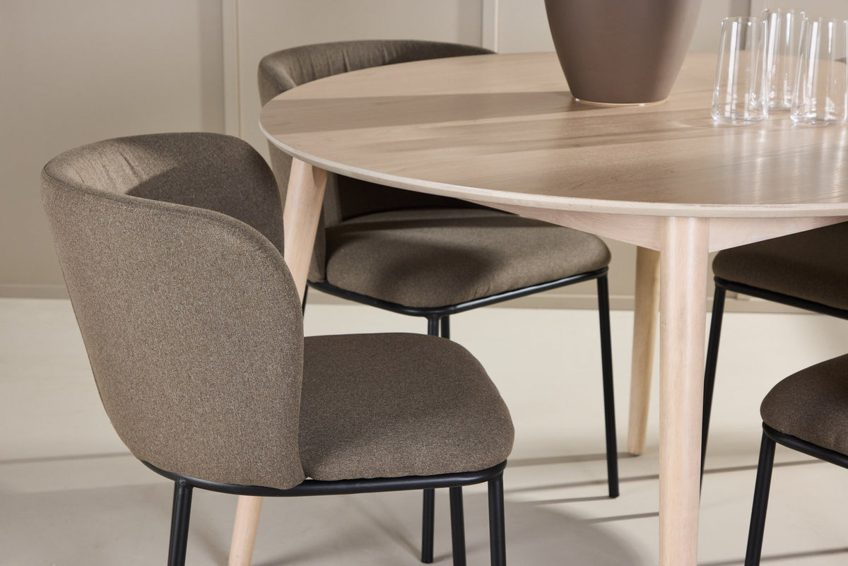 Rundes Esszimmerset Flora mit Edina Stuhl, Tisch aus MDF in White Wash, vier Stühle aus Gummiholz mit braunem Leinenstoffbezug