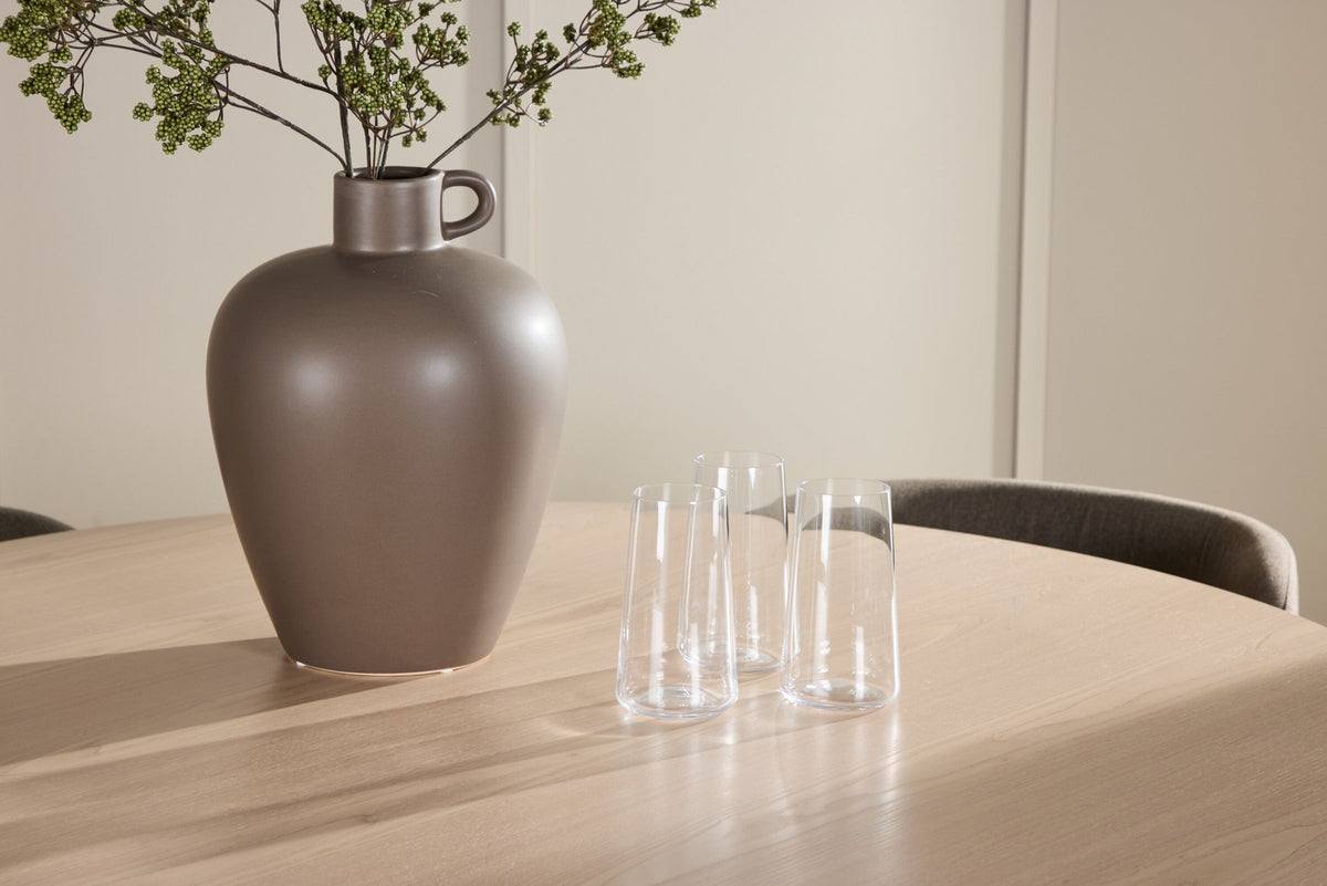 Rundes Esszimmerset Flora mit Edina Stuhl, Tisch aus MDF in White Wash, vier Stühle aus Gummiholz mit braunem Leinenstoffbezug