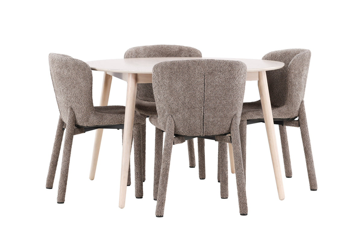 Rundes Esszimmerset Flora & Astoria von Venture Home: Esstisch ⌀120 cm in Whitewash aus MDF und Gummiholz mit zwei braunen gepolsterten Stühlen.