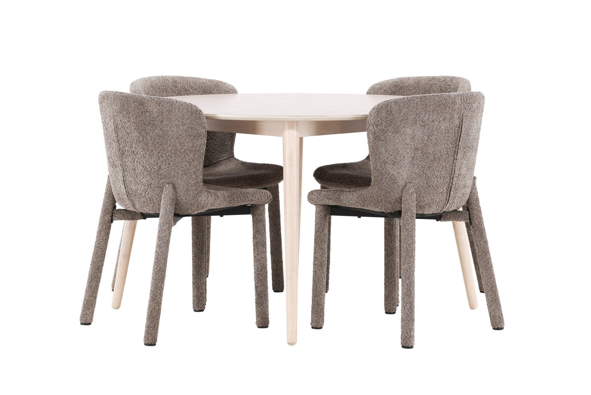 Rundes Esszimmerset Flora & Astoria von Venture Home: Esstisch ⌀120 cm in Whitewash aus MDF und Gummiholz mit zwei braunen gepolsterten Stühlen.