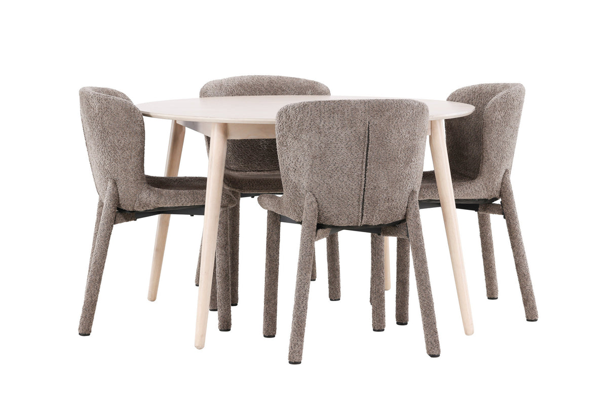 Rundes Esszimmerset Flora & Astoria von Venture Home: Esstisch ⌀120 cm in Whitewash aus MDF und Gummiholz mit zwei braunen gepolsterten Stühlen.
