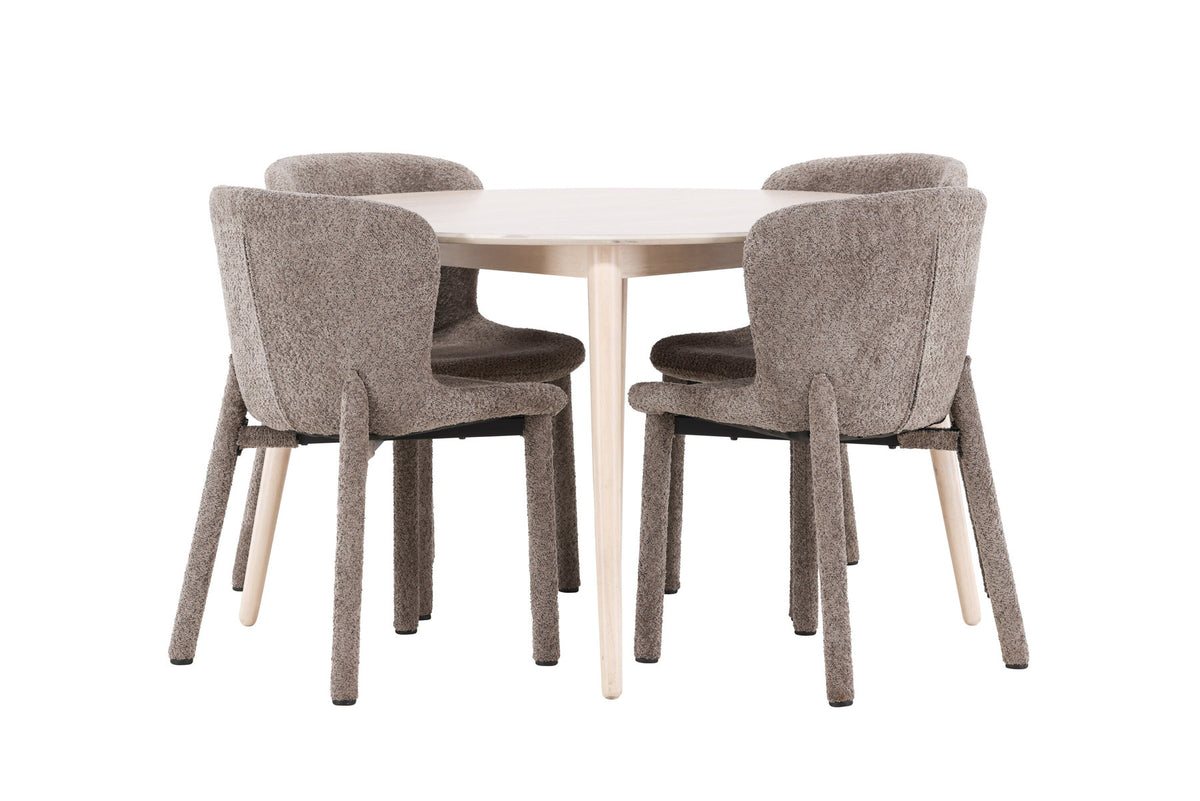 Rundes Esszimmerset Flora & Astoria von Venture Home: Esstisch ⌀120 cm in Whitewash aus MDF und Gummiholz mit zwei braunen gepolsterten Stühlen.