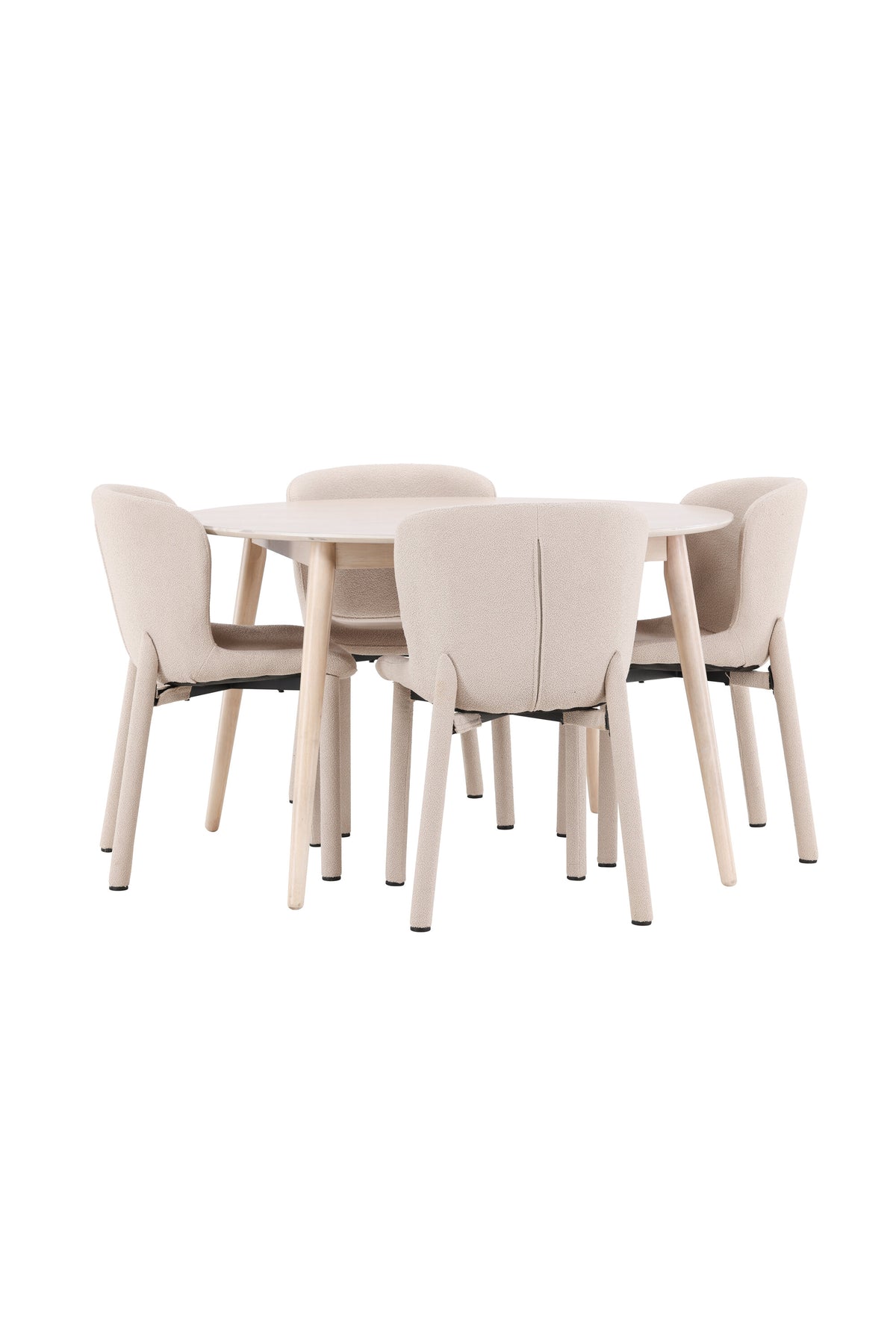 Esstisch Flora mit vier Astoria-Stühlen, Farbe White Wash, Tisch aus MDF, Stühle aus Gummiholz, skandinavisches Esszimmerset