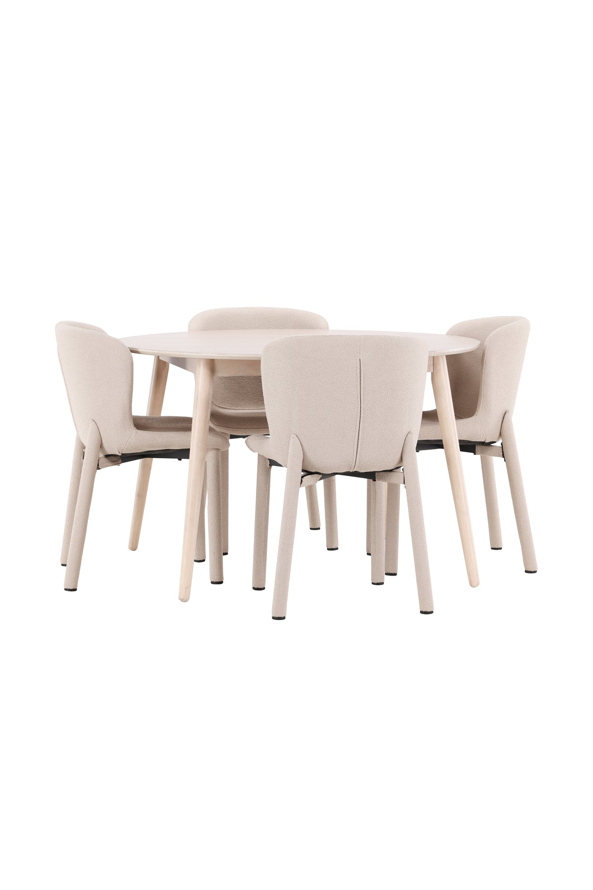 Esstisch Flora mit vier Astoria-Stühlen, Farbe White Wash, Tisch aus MDF, Stühle aus Gummiholz, skandinavisches Esszimmerset