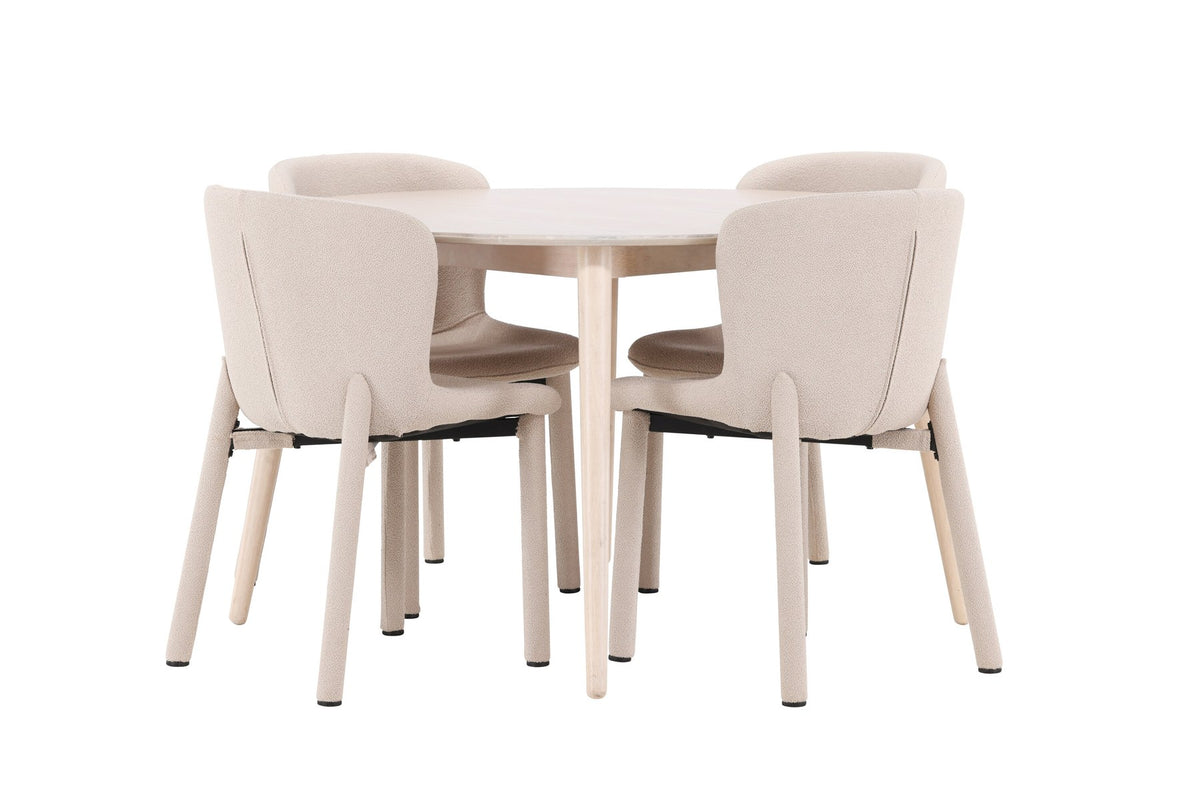 Esstisch Flora mit vier Astoria-Stühlen, Farbe White Wash, Tisch aus MDF, Stühle aus Gummiholz, skandinavisches Esszimmerset