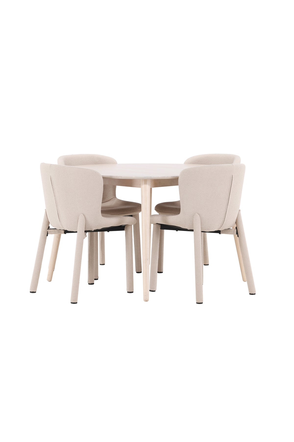Esstisch Flora mit vier Astoria-Stühlen, Farbe White Wash, Tisch aus MDF, Stühle aus Gummiholz, skandinavisches Esszimmerset