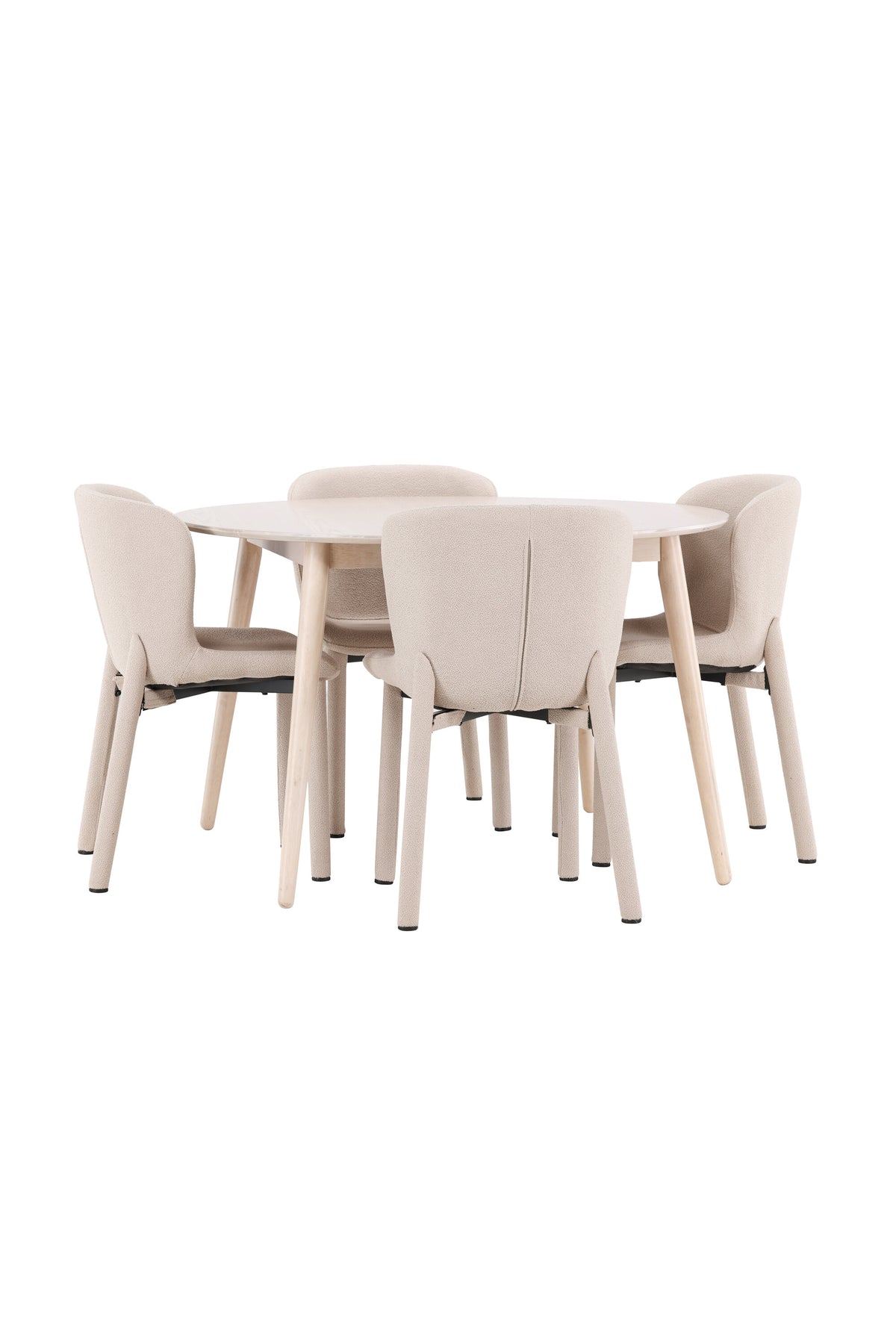 Esstisch Flora mit vier Astoria-Stühlen, Farbe White Wash, Tisch aus MDF, Stühle aus Gummiholz, skandinavisches Esszimmerset