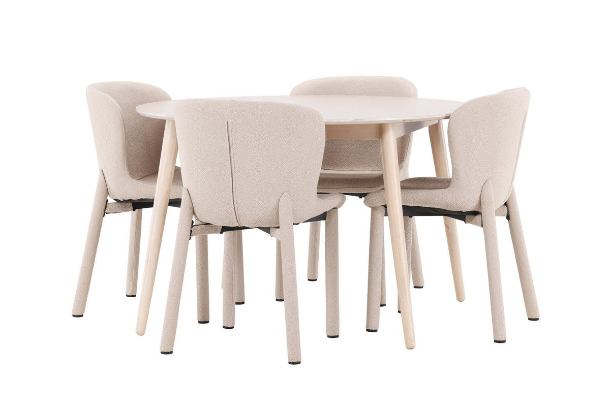 Esstisch Flora mit vier Astoria-Stühlen, Farbe White Wash, Tisch aus MDF, Stühle aus Gummiholz, skandinavisches Esszimmerset