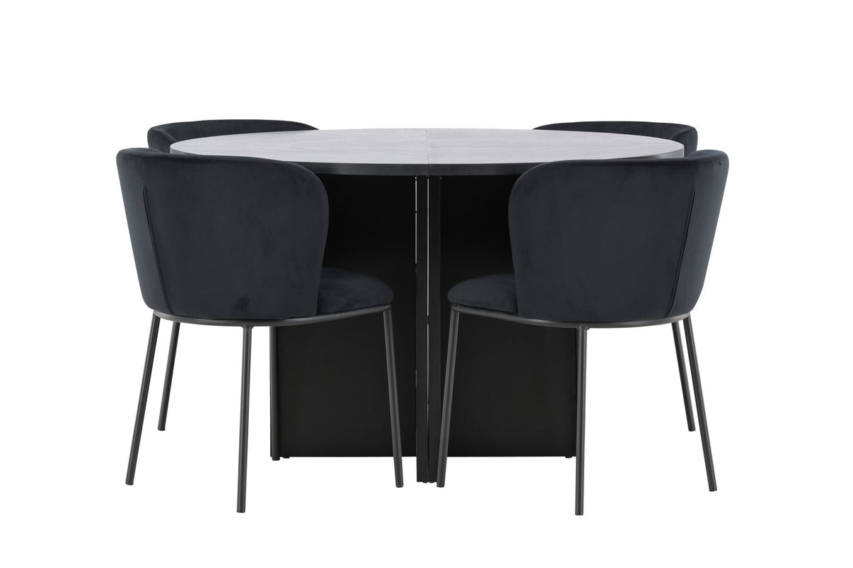 Schwarzer Esstisch Strada aus MDF mit sechs Edina Stühlen mit Samtbezug, ausziehbare Tischplatte, skandinavisches Design von Venture Home.