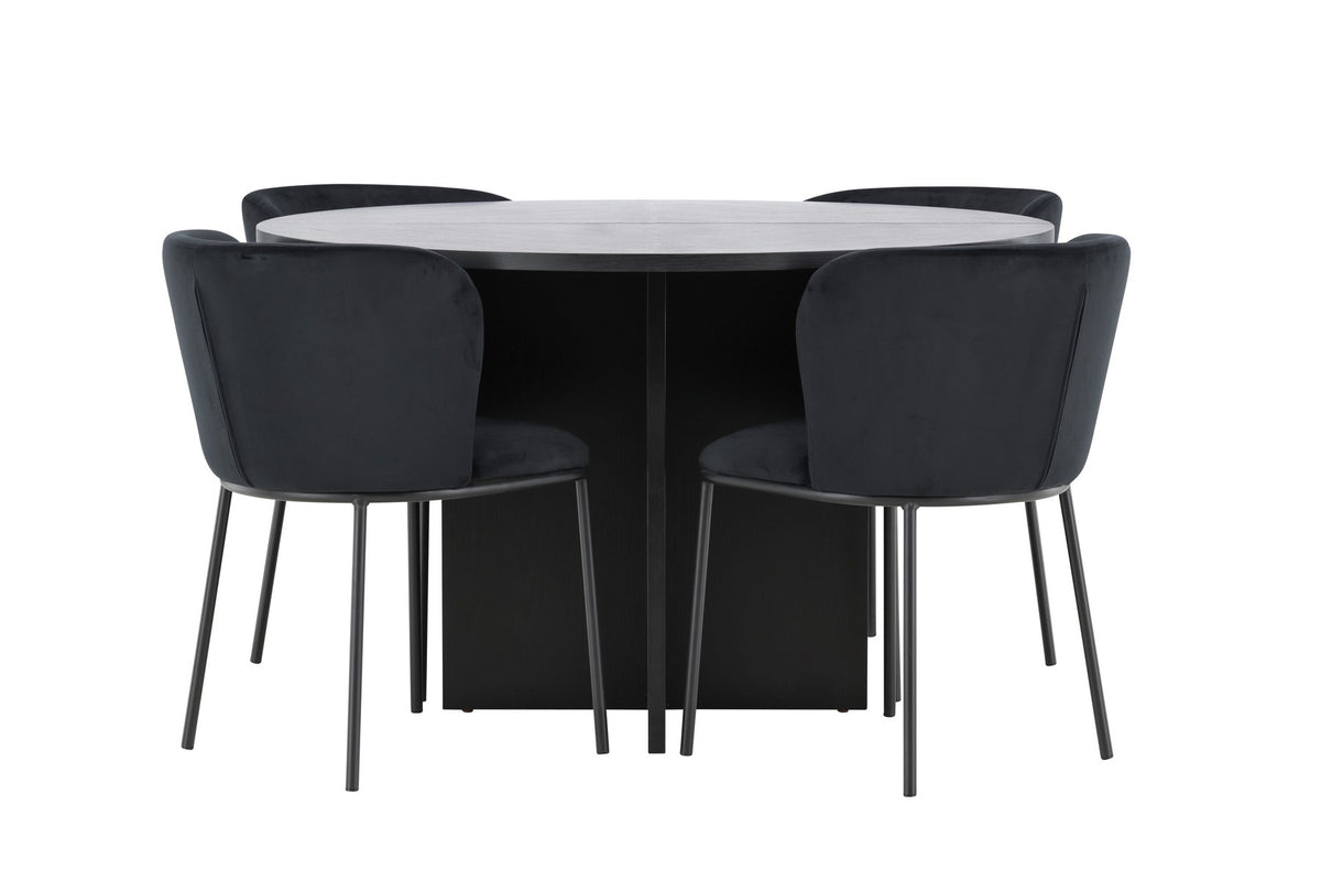 Schwarzer Esstisch Strada aus MDF mit sechs Edina Stühlen mit Samtbezug, ausziehbare Tischplatte, skandinavisches Design von Venture Home.