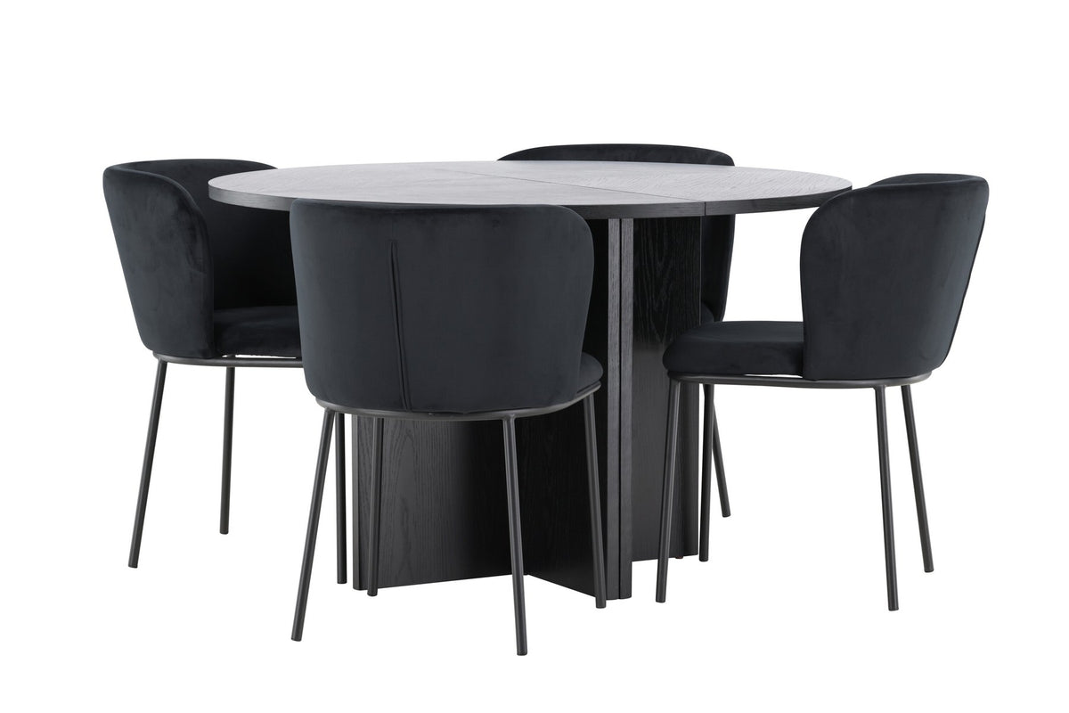 Schwarzer Esstisch Strada aus MDF mit sechs Edina Stühlen mit Samtbezug, ausziehbare Tischplatte, skandinavisches Design von Venture Home.