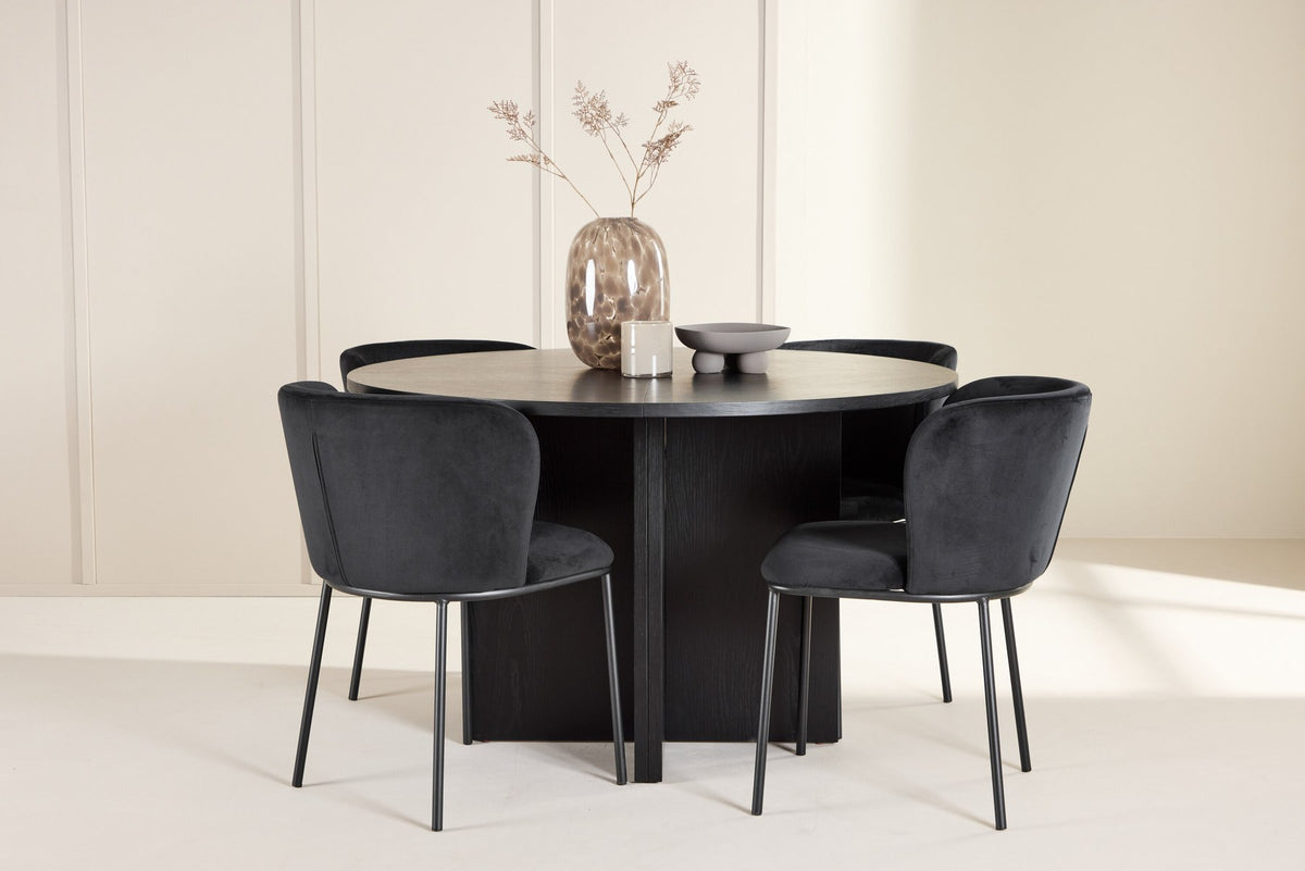 Schwarzer Esstisch Strada aus MDF mit sechs Edina Stühlen mit Samtbezug, ausziehbare Tischplatte, skandinavisches Design von Venture Home.