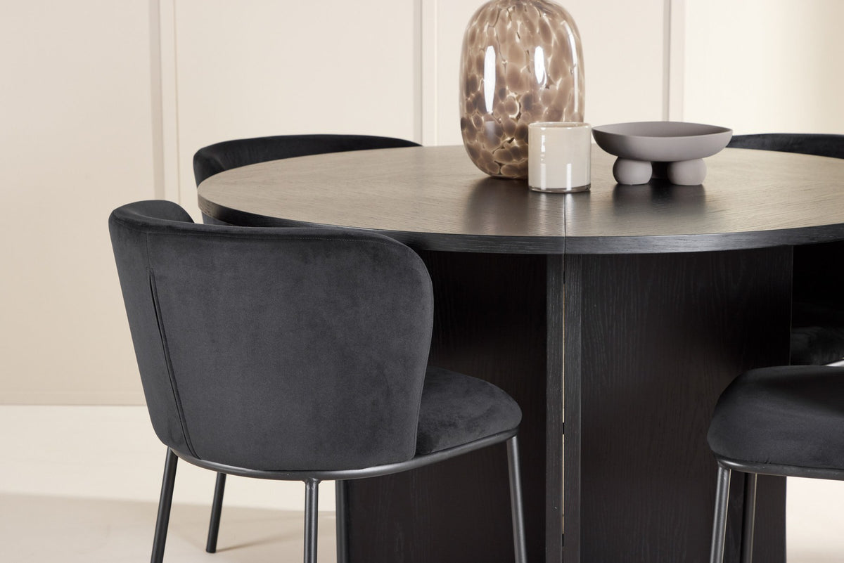 Schwarzer Esstisch Strada aus MDF mit sechs Edina Stühlen mit Samtbezug, ausziehbare Tischplatte, skandinavisches Design von Venture Home.