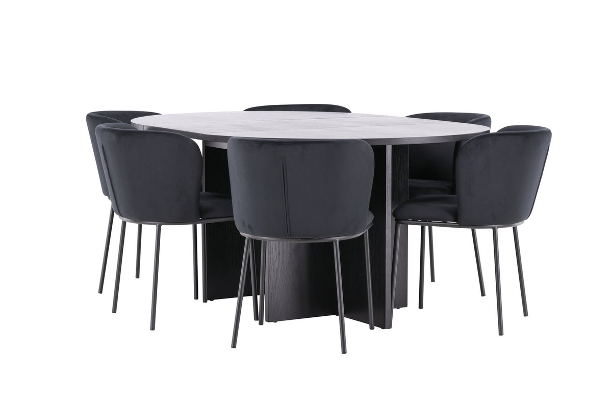Schwarzer Esstisch Strada aus MDF mit sechs Edina Stühlen mit Samtbezug, ausziehbare Tischplatte, skandinavisches Design von Venture Home.