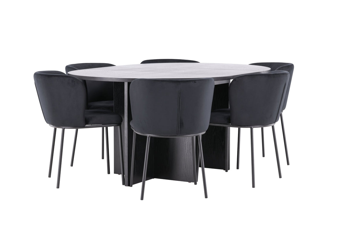 Schwarzer Esstisch Strada aus MDF mit sechs Edina Stühlen mit Samtbezug, ausziehbare Tischplatte, skandinavisches Design von Venture Home.