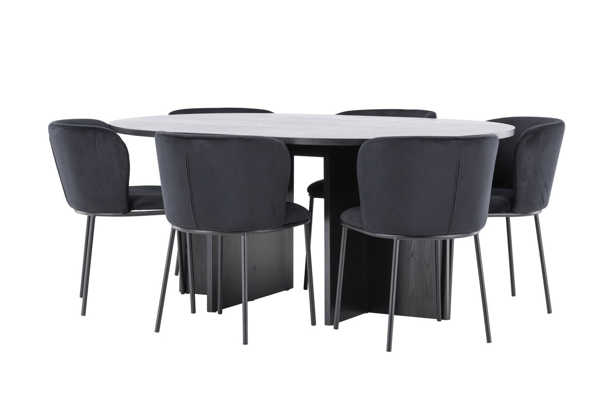 Schwarzer Esstisch Strada aus MDF mit sechs Edina Stühlen mit Samtbezug, ausziehbare Tischplatte, skandinavisches Design von Venture Home.
