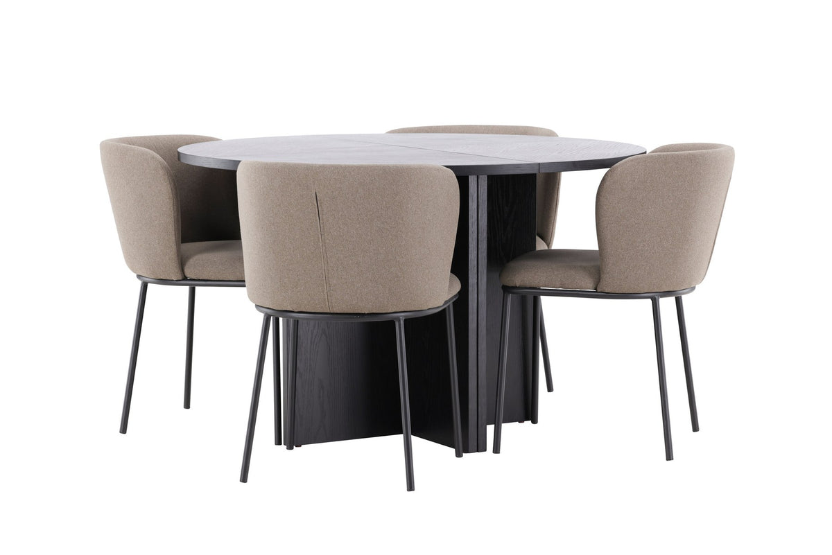 Schwarzer Esstisch Strada aus MDF mit sechs Edina Stühlen mit Samtbezug, ausziehbare Tischplatte, skandinavisches Design von Venture Home.