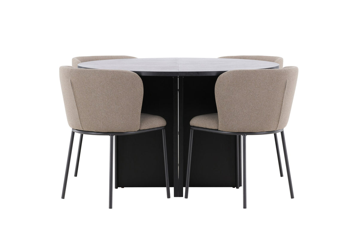 Schwarzer Esstisch Strada aus MDF mit sechs Edina Stühlen mit Samtbezug, ausziehbare Tischplatte, skandinavisches Design von Venture Home.