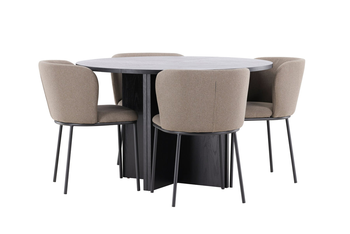 Schwarzer Esstisch Strada aus MDF mit sechs Edina Stühlen mit Samtbezug, ausziehbare Tischplatte, skandinavisches Design von Venture Home.