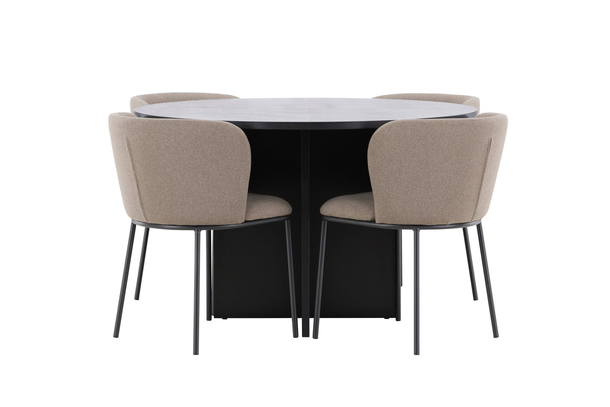 Schwarzer Esstisch Strada aus MDF mit sechs Edina Stühlen mit Samtbezug, ausziehbare Tischplatte, skandinavisches Design von Venture Home.