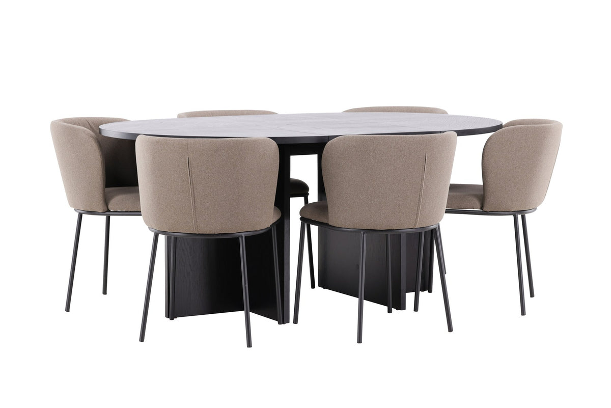 Schwarzer Esstisch Strada aus MDF mit sechs Edina Stühlen mit Samtbezug, ausziehbare Tischplatte, skandinavisches Design von Venture Home.