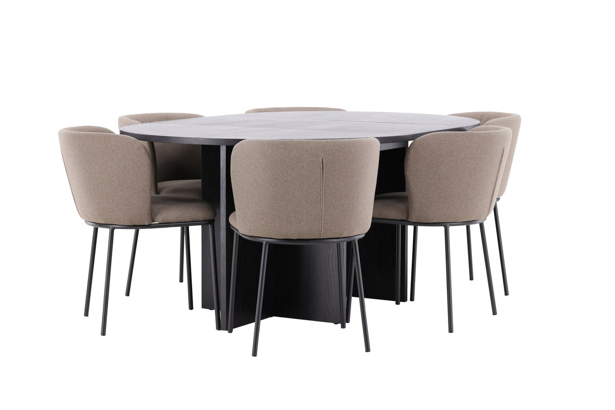 Schwarzer Esstisch Strada aus MDF mit sechs Edina Stühlen mit Samtbezug, ausziehbare Tischplatte, skandinavisches Design von Venture Home.