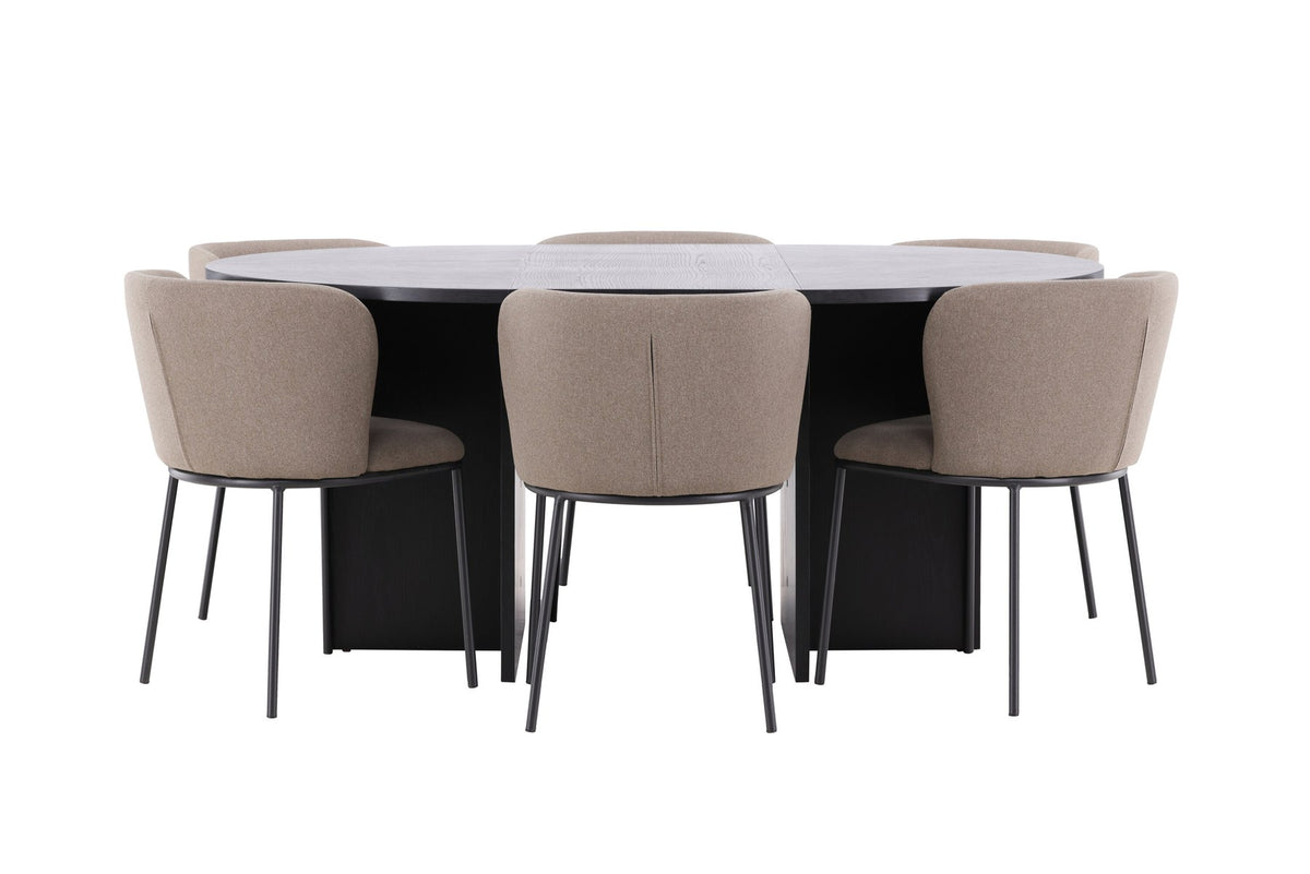 Schwarzer Esstisch Strada aus MDF mit sechs Edina Stühlen mit Samtbezug, ausziehbare Tischplatte, skandinavisches Design von Venture Home.
