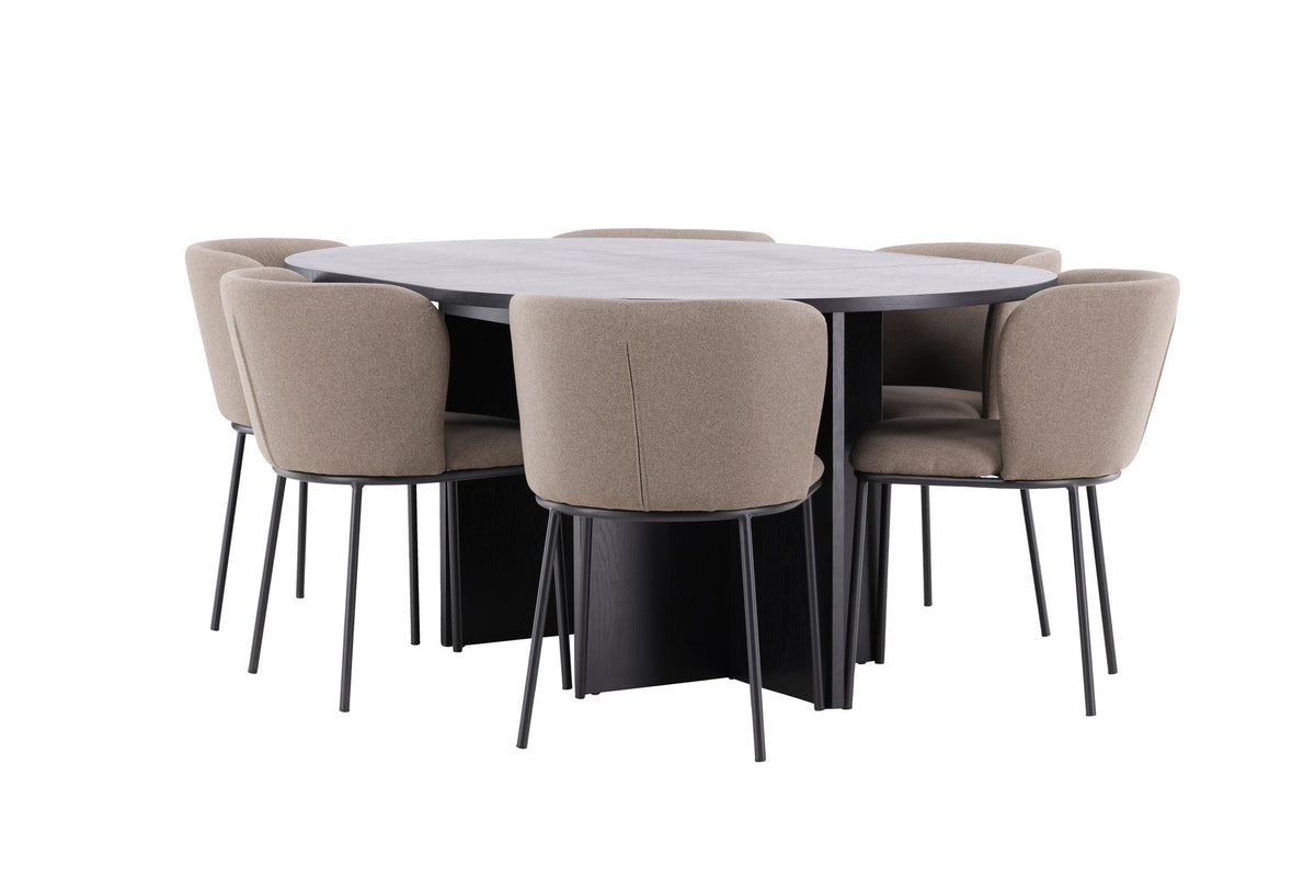 Schwarzer Esstisch Strada aus MDF mit sechs Edina Stühlen mit Samtbezug, ausziehbare Tischplatte, skandinavisches Design von Venture Home.