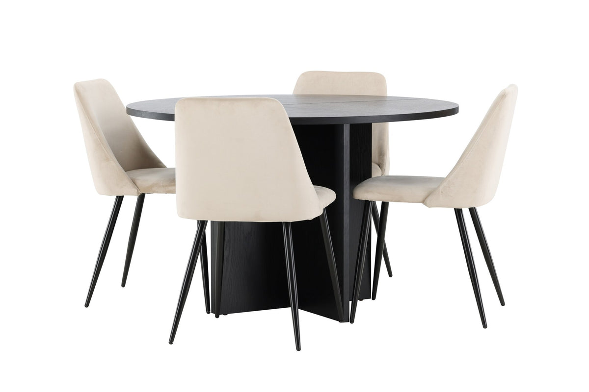 Runder Esstisch Strada aus MDF mit sechs Night-Stühlen mit Samtpolsterung und schwarzen Beinen, Esszimmerset von Venture Home
