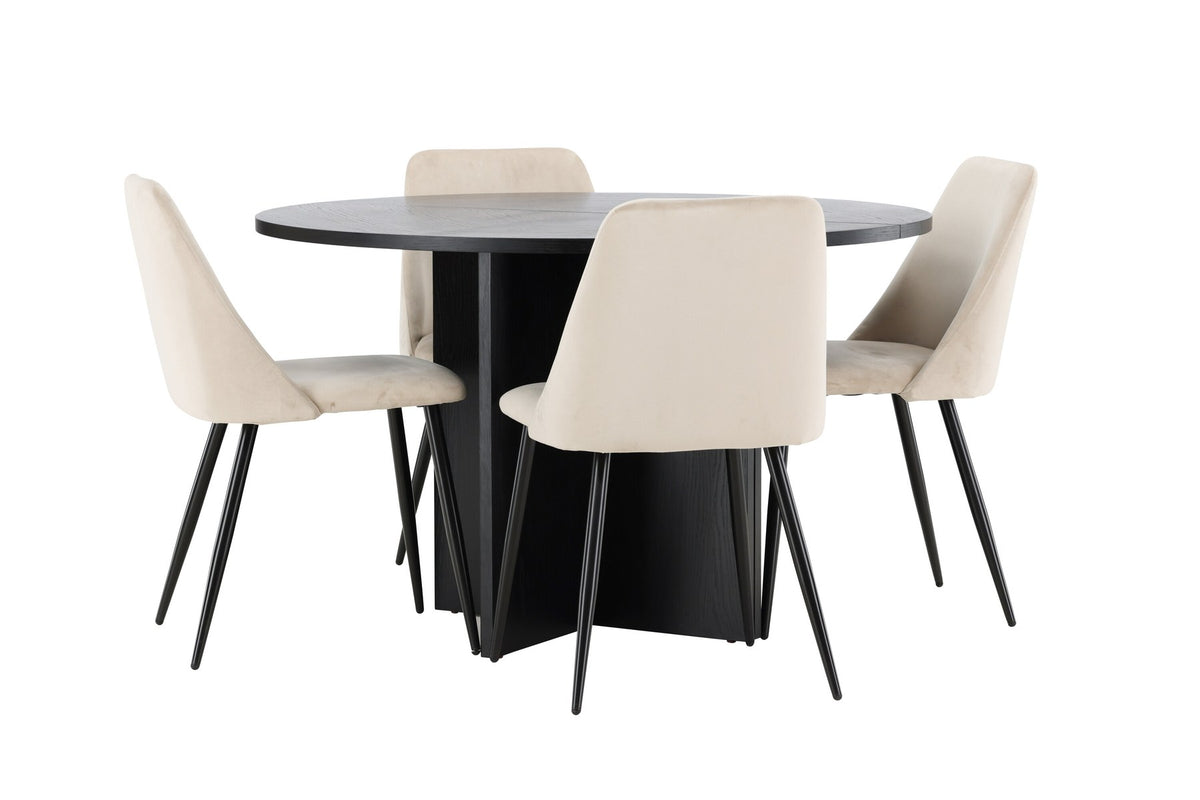 Runder Esstisch Strada aus MDF mit sechs Night-Stühlen mit Samtpolsterung und schwarzen Beinen, Esszimmerset von Venture Home