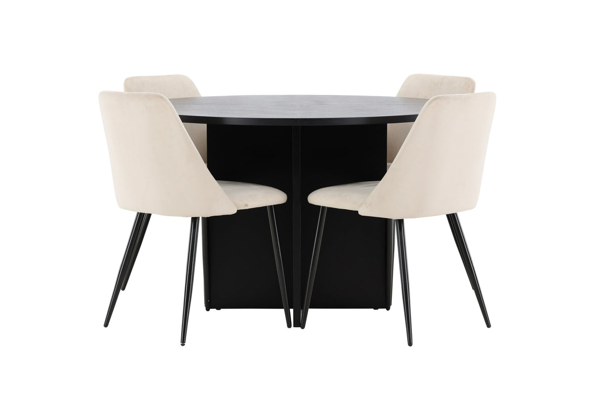 Runder Esstisch Strada aus MDF mit sechs Night-Stühlen mit Samtpolsterung und schwarzen Beinen, Esszimmerset von Venture Home