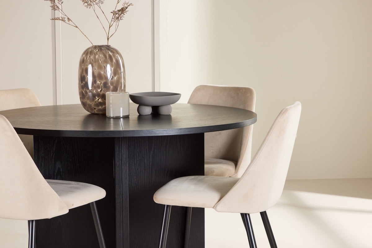 Runder Esstisch Strada aus MDF mit sechs Night-Stühlen mit Samtpolsterung und schwarzen Beinen, Esszimmerset von Venture Home