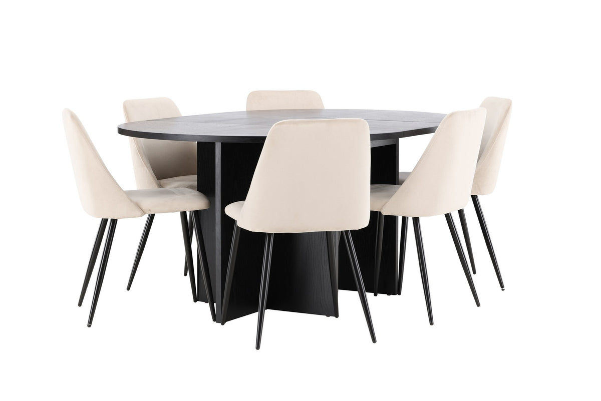 Runder Esstisch Strada aus MDF mit sechs Night-Stühlen mit Samtpolsterung und schwarzen Beinen, Esszimmerset von Venture Home